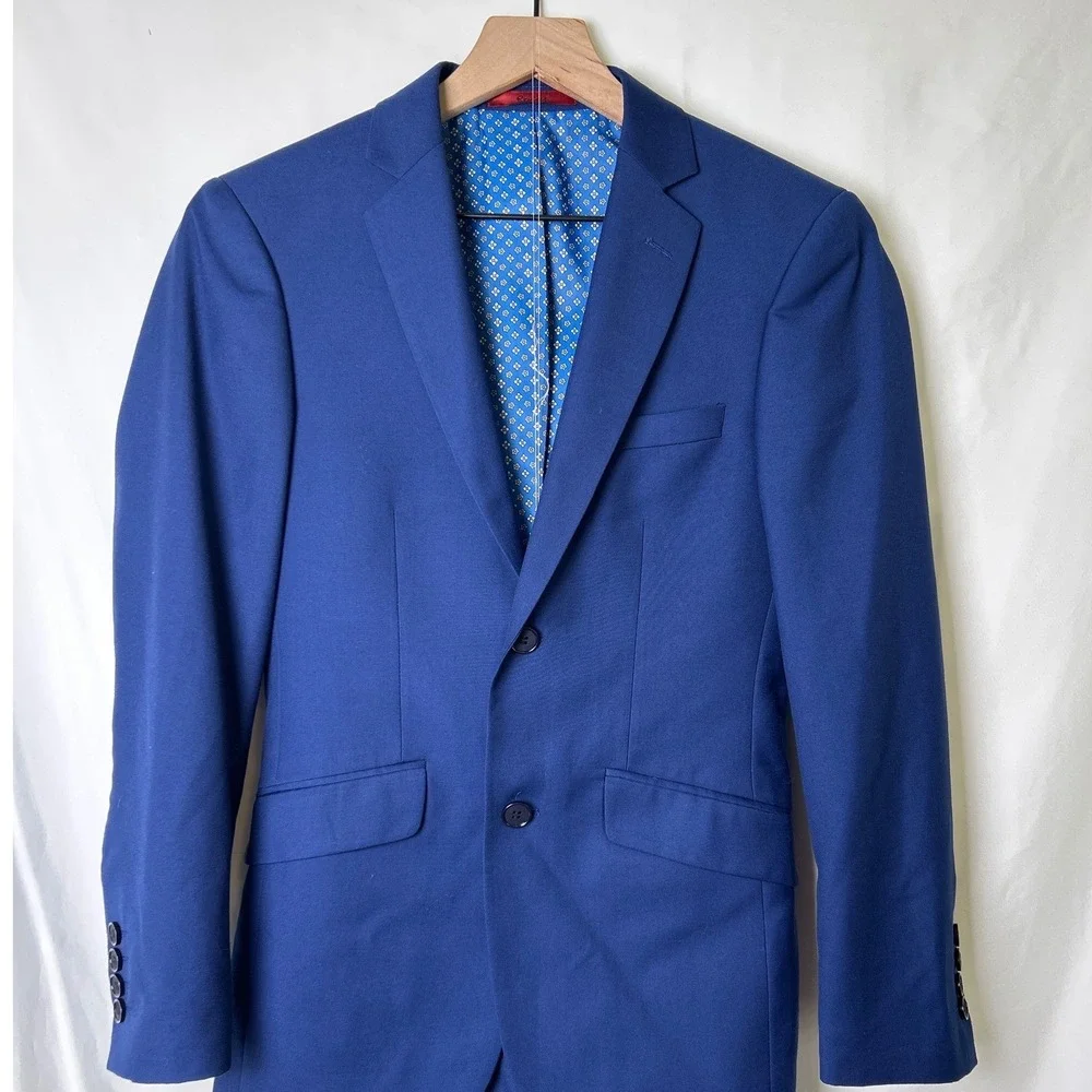 Renoir Mens Slim Fit 2 Button Flat Front 2 Piece Suit Size 34/28 Royal Bluel